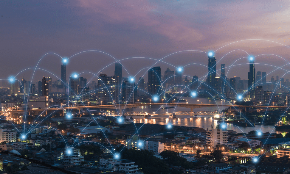 wireless telecommunication technology with city background