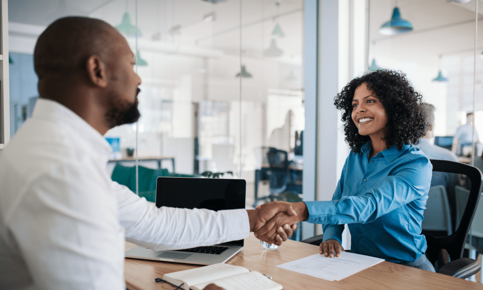 two people interviewing in office