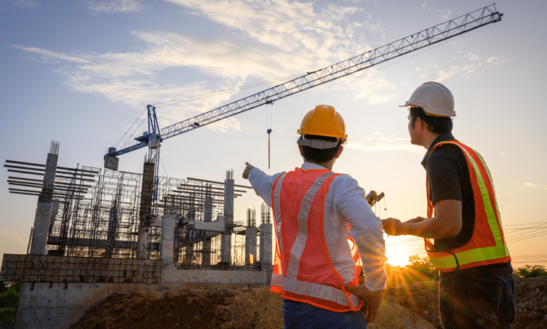 team of civil engineer and quality inspector discussing plans at construction site