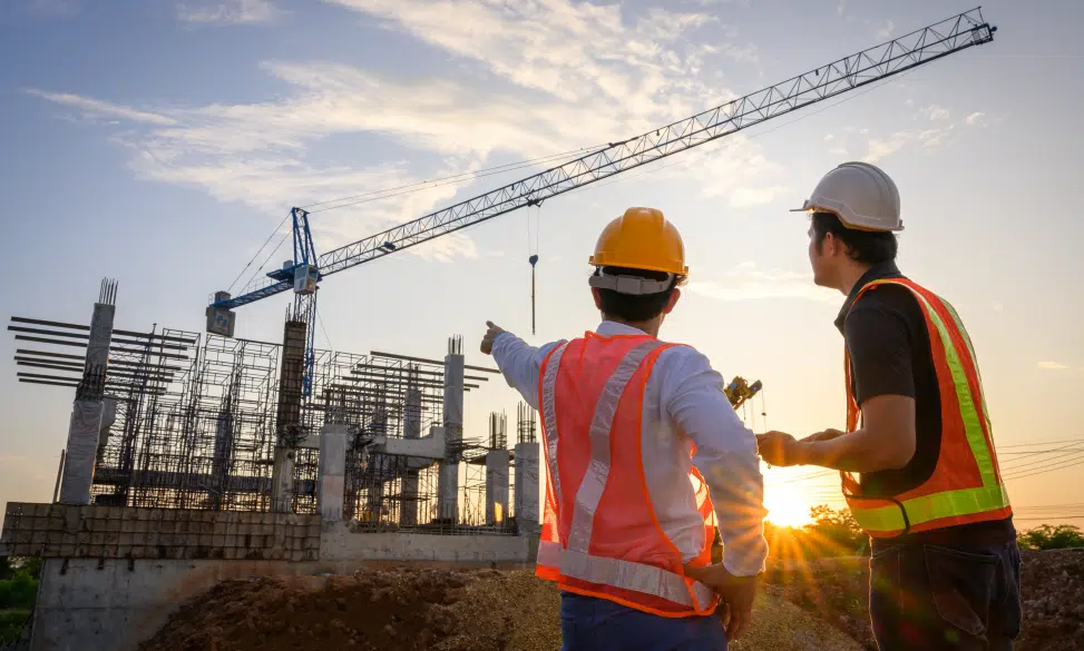 team of civil engineer and quality inspector discussing plans at construction site